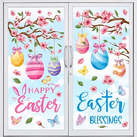 Adhesivos de Ventana de Pascua PVC Pegatinas de Pared Flores Cerezo Huevos Mariposa Para Habitación Infantil Decoración