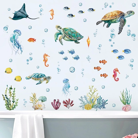 Watercolor Sea Animal Wall Stickers PVC Self Adhesive Marine Life Decals With Turtles Fish Coral For Kids Room Nursery Bathroom Decor