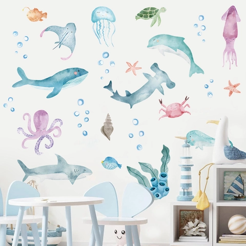 Pegatinas de Pared de Mundo Oceánico en Acuarela para Niños PVC Animales Marinos Ballena Tiburón Pulpo Burbujas Decor