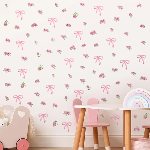 Adesivi Murali Con Fiocco Rosa e Fiori di Rosa PVC Autoadesivi per Camera dei Bambini Ragazze Camera da Letto Decorazioni Casa