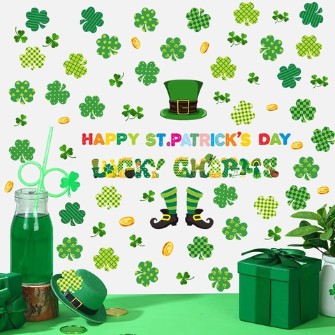 St Patricks Day Window Clings Shamrock Gold Coins Wall Stickers Irish Festival Green Clover Hat Rainbow Decor PVC Decals