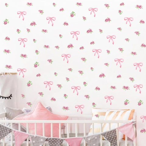 Adesivi Murali Con Fiocco Rosa e Fiori di Rosa PVC Autoadesivi per Camera dei Bambini Ragazze Camera da Letto Decorazioni Casa