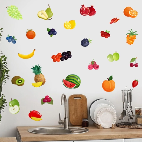 Summer Fruit PVC Wall Stickers 4 Sheets Removable Waterproof Kitchen Fridge Decals Strawberry Watermelon Lemon Home Decor