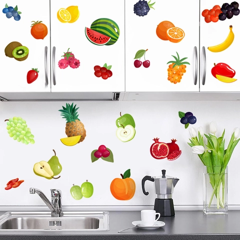 Summer Fruit PVC Wall Stickers 4 Sheets Removable Waterproof Kitchen Fridge Decals Strawberry Watermelon Lemon Home Decor