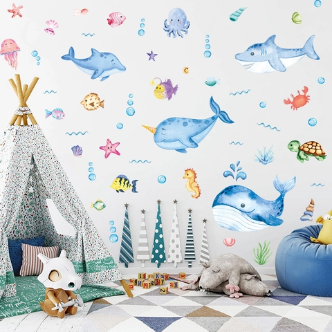 Pegatinas de Pared de Animales Marinos Estilo Bohemio para Habitación de Niños Dormitorio PVC Autoadhesivo Dibujos Animados Ballena Tortuga Pulpo Decoración