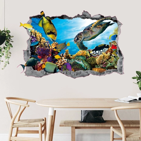 Adesivi Murali 3D Tartaruga Marina Animali Oceanici PVC Autoadesivo Muro Rotto Mondo Sottomarino Decalcomanie per Bagno Casa