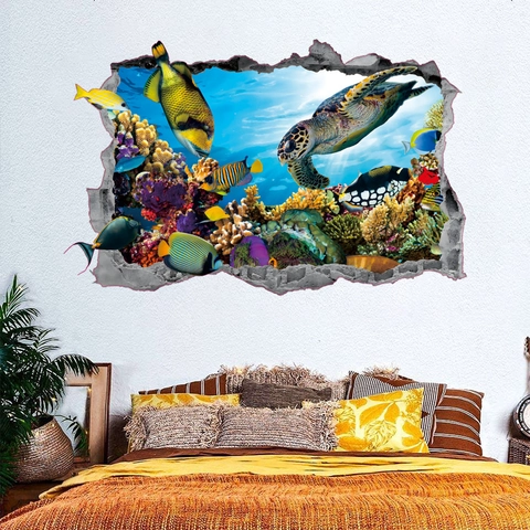 Adesivi Murali 3D Tartaruga Marina Animali Oceanici PVC Autoadesivo Muro Rotto Mondo Sottomarino Decalcomanie per Bagno Casa