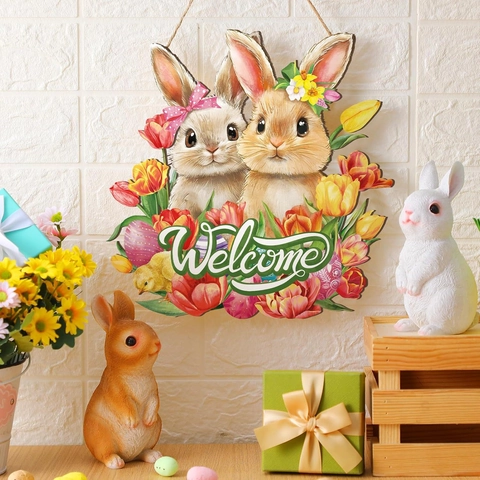 Easter Bunny Welcome Sign Poplar Wood Door Wreath Decoration Tulip Rabbit Wall Hanging Spring Home Entrance Decor Plaque