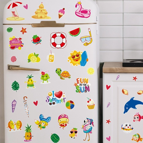 8 Blatt Sommer Strand Thema PVC Fensteraufkleber Cartoon Frucht Wassermelone Flamingo Aufkleber Für Haus Kühlschrank Dekoration