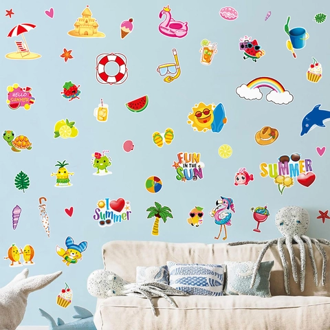 8 Blatt Sommer Strand Thema PVC Fensteraufkleber Cartoon Frucht Wassermelone Flamingo Aufkleber Für Haus Kühlschrank Dekoration