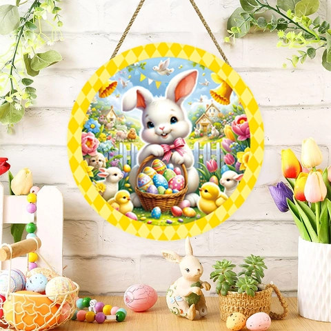 Cartello Rotondo di Benvenuto in Legno per Pasqua Disegni di Coniglietti e Uova Decorazione Murale Primaverile Aperto