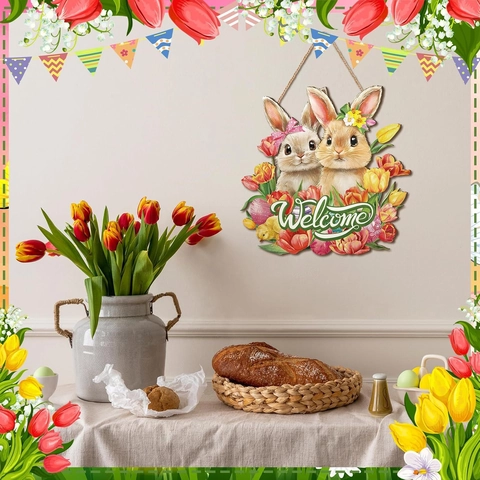Easter Bunny Welcome Sign Poplar Wood Door Wreath Decoration Tulip Rabbit Wall Hanging Spring Home Entrance Decor Plaque