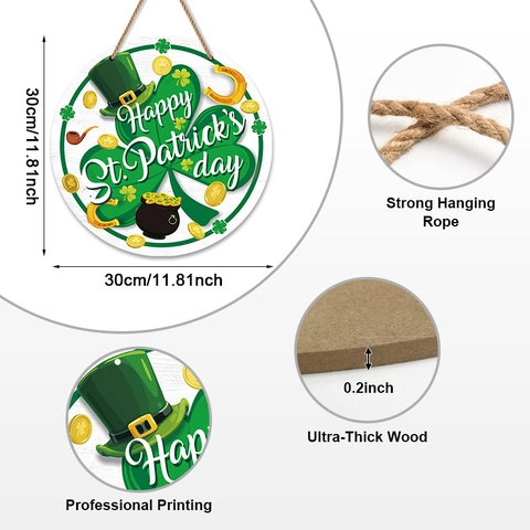 St Patrick's Day Round Wooden Door Sign Green Shamrock Leprechaun Hat Horseshoe MDF Wall Decor Hanging Ornament Home Festive Gift