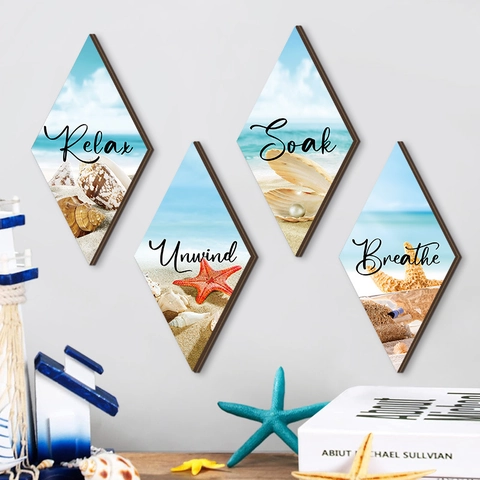 Rhombus Wood Wall Art Ocean Beach Theme Relax Soak Unwind Breathe Printed Hanging Sign For Bathroom Living Room Coastal Decor