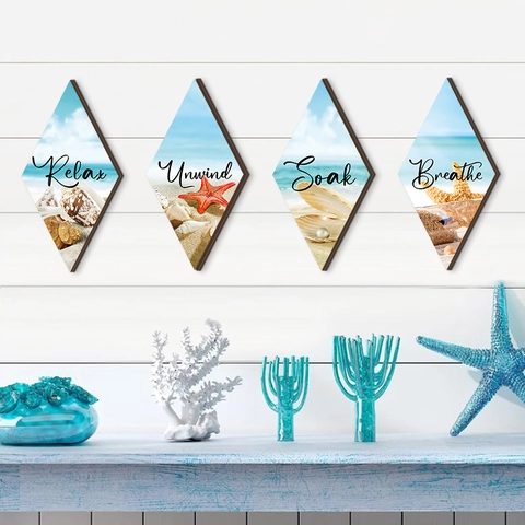 Rhombus Wood Wall Art Ocean Beach Theme Relax Soak Unwind Breathe Printed Hanging Sign For Bathroom Living Room Coastal Decor