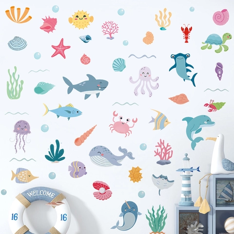 Vinilo de Pared de PVC de Animales Marinos de Dibujos Animados Calcomanía de Criaturas del Mar para Dormitorio Infantil