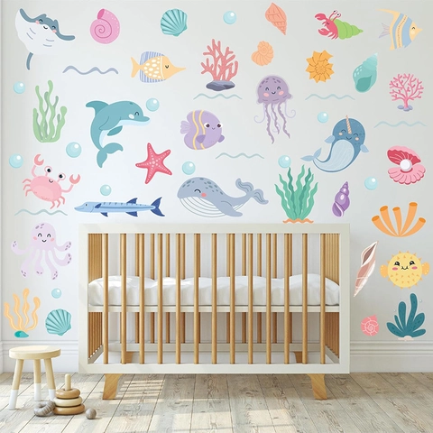 Vinilo de Pared de PVC de Animales Marinos de Dibujos Animados Calcomanía de Criaturas del Mar para Dormitorio Infantil