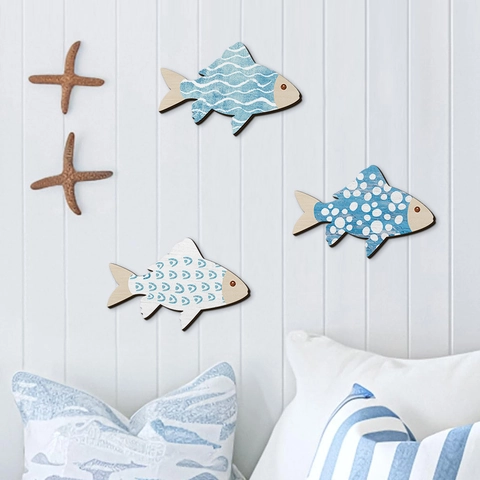 Nautische Holz Fisch Wanddeko Mediterraner Stil Blau Weiß Pappelholz Hängeschild Haus Badezimmer Schlafzimmer Wandkunst