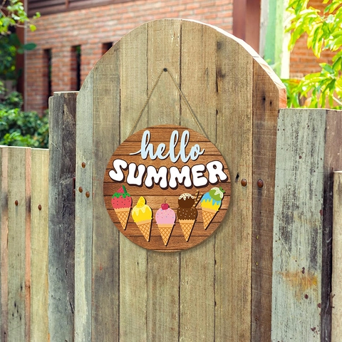 Round Wooden Hello Summer Welcome Door Sign Ice Cream Pattern Hanging Plaque For Home Garden Wall Decor Rustic Sign