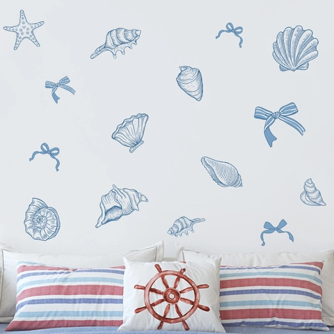 Blue Watercolor Ocean Sea Shell Starfish Bow Wall Stickers PVC Waterproof Mediterranean Style Home Decor Decal For Bedroom