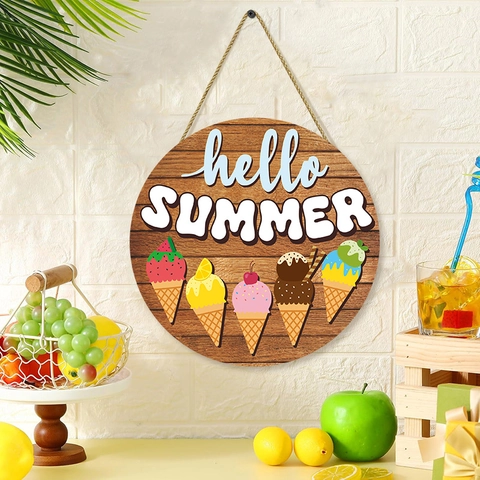 Round Wooden Hello Summer Welcome Door Sign Ice Cream Pattern Hanging Plaque For Home Garden Wall Decor Rustic Sign