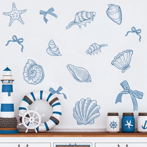 Blue Watercolor Ocean Sea Shell Starfish Bow Wall Stickers PVC Waterproof Mediterranean Style Home Decor Decal For Bedroom