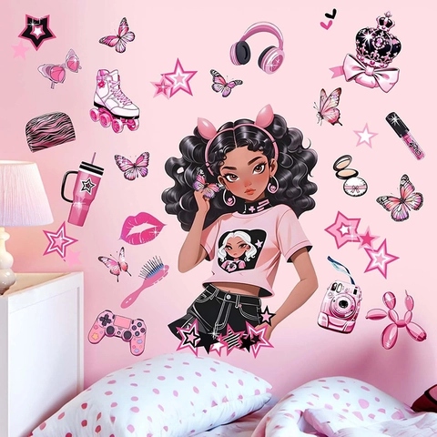 Adesivo da Parete Ragazza Nera Stile Y2K Farfalla Rosa Stella Controller di Gioco PVC Removibile Fai da Te per Cameretta