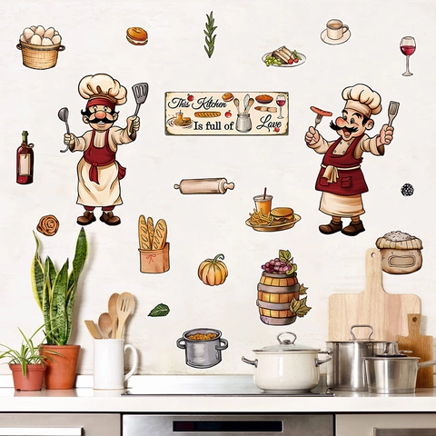 Cartoon Chef Food Pattern Kitchen Wall Stickers PVC Self Adhesive Home Decor Decal For Dining Room Restaurant Kitchen Decor
