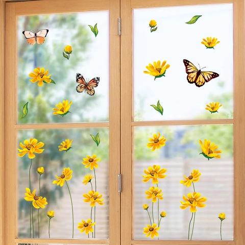 Sunflower Butterfly Window Stickers PVC Decorative Floral Wall Decals For Glass Surface Home Decor Kitchen Bedroom Decor