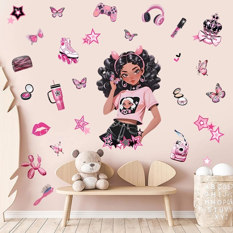 Adesivo da Parete Ragazza Nera Stile Y2K Farfalla Rosa Stella Controller di Gioco PVC Removibile Fai da Te per Cameretta