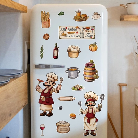 Cartoon Chef Food Pattern Kitchen Wall Stickers PVC Self Adhesive Home Decor Decal For Dining Room Restaurant Kitchen Decor