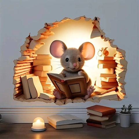 Adesivo Murale 3D Realistico Buco del Topo Decalcomania Simpatico Animale Topo che Legge Sbirciando Decorativo in PVC per Casa