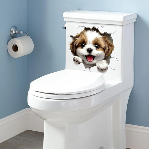 3D Tier WC Aufkleber PVC Wasserdicht Badezimmer Dekor Kreative Wandtattoo Süße Katze Hund Realistische Haus Dekoration