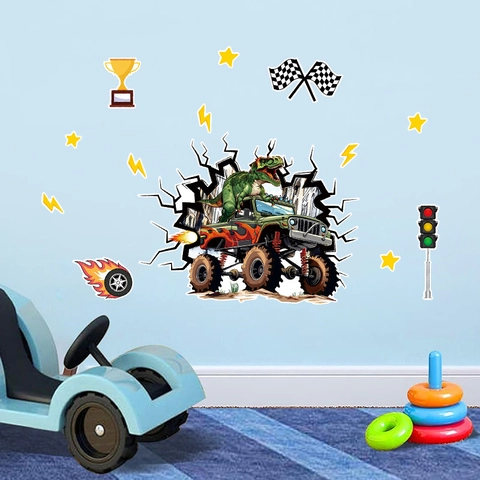 3D Dinosaur Monster Truck Wall Stickers For Kids Room Decor Waterproof PVC Cartoon Racing Car T-Rex Breaking Wall Decals