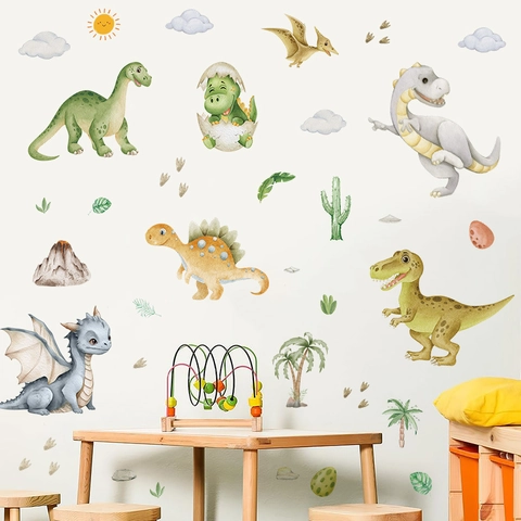 Stickers Muraux Dinosaure Aquarelle Pour Chambre D'enfant PVC Auto-Adhésif Animaux Dessin Animé Pour Décoration