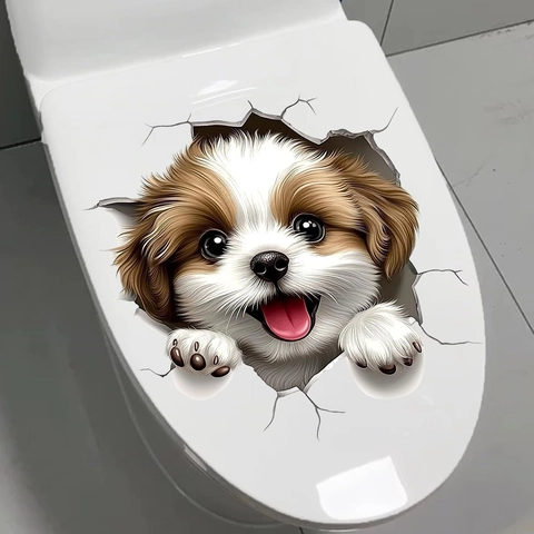 3D Tier WC Aufkleber PVC Wasserdicht Badezimmer Dekor Kreative Wandtattoo Süße Katze Hund Realistische Haus Dekoration