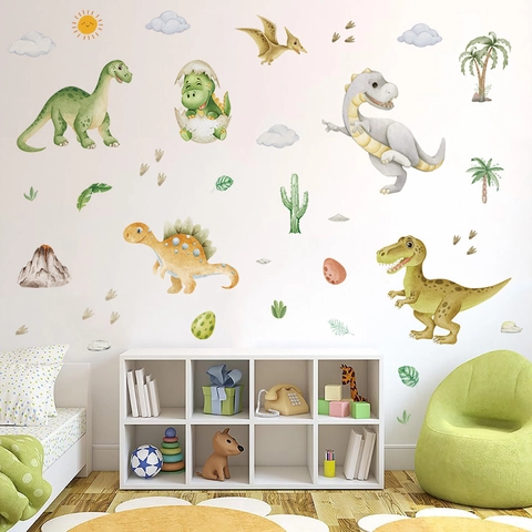 Stickers Muraux Dinosaure Aquarelle Pour Chambre D'enfant PVC Auto-Adhésif Animaux Dessin Animé Pour Décoration