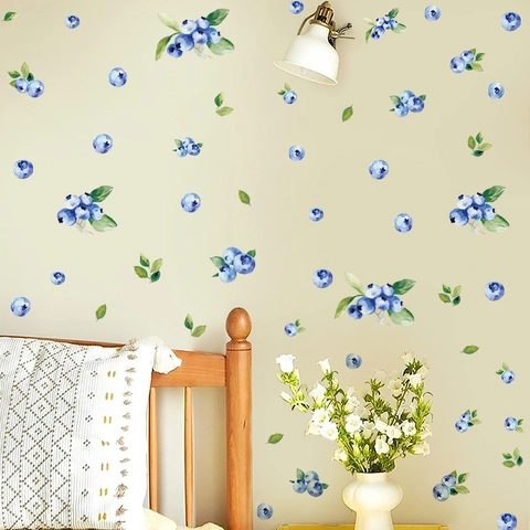 Aquarell Blaubeere Frucht Wandtattoo 4 Blatt Abnehmbare PVC Boho Stil Für Küche Schlafzimmer Haus Dekor Botanische Blatt Aufkleber