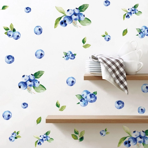 Aquarell Blaubeere Frucht Wandtattoo 4 Blatt Abnehmbare PVC Boho Stil Für Küche Schlafzimmer Haus Dekor Botanische Blatt Aufkleber