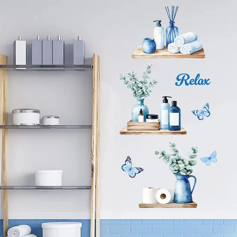 Adesivo da Parete per Bagno Moderno Semplice Blu Acquerello Farfalla Relax Citazione Impermeabile PVC Decalcomania per Lavanderia Soggiorno Casa