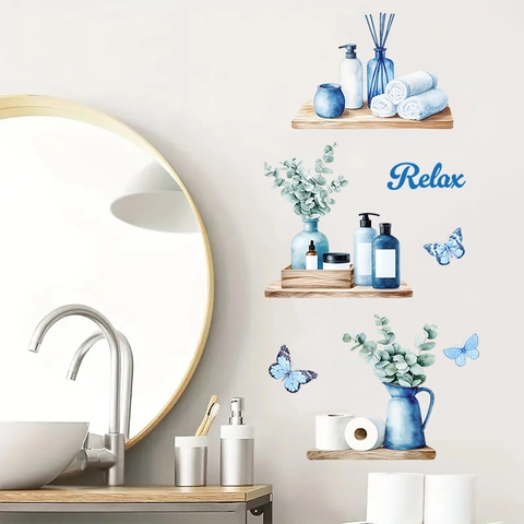 Adesivo da Parete per Bagno Moderno Semplice Blu Acquerello Farfalla Relax Citazione Impermeabile PVC Decalcomania per Lavanderia Soggiorno Casa