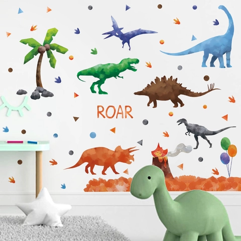 Stickers Muraux Dinosaures Aquarelle Pour Chambre D'Enfant Garçon PVC Autocollant Empreinte D'Animal Palmier Volcan