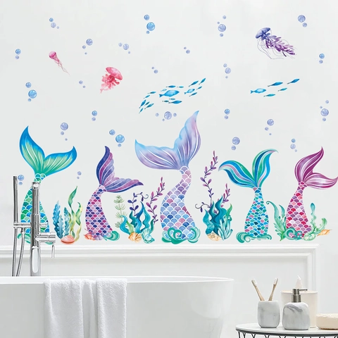 Watercolor Mermaid Ocean Animals Wall Stickers Waterproof PVC Undersea World Decals For Bathroom Kids Girls Bedroom Home Decor
