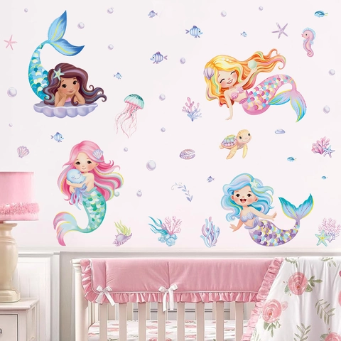 Pegatinas de Pared de Sirena Bohemia Vida Marina Oceánica de PVC Impermeable Calcomanías para Guardería Niños Niñas Dormitorio Baño Decoración