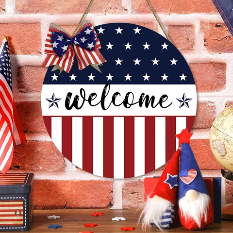 American Flag Wooden Wall Decor Welcome Sign Stars And Stripes Patriotic Hanging Plaque For July 4th Independence Day Home Porch