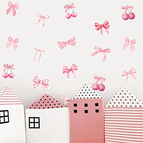 Boho Pink Schleife Kirsche Wandaufkleber PVC Wasserdichte Aufkleber Für Kinderzimmer Schlafzimmer Wanddekoration