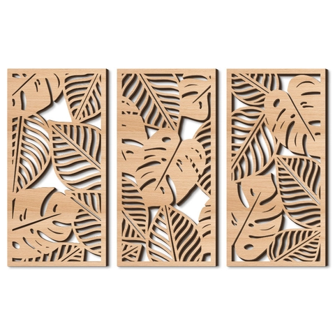 Moderne Minimaliste Ensemble de Décoration Murale en Bois Évidé Triptyque Plaque en Bois Feuilles Tropicales Motifs Géométriques pour Salon