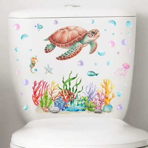 Summer Ocean Animal Toilet Sticker PVC Waterproof Sea Turtle Dolphin Watercolor Decal For Bathroom Washroom Decoration