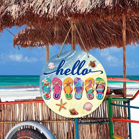 Summer Beach Welcome Door Sign Round Wooden Plaque With Flip Flops Hello Summer Pattern For Home Wall Decor Hanging Sign