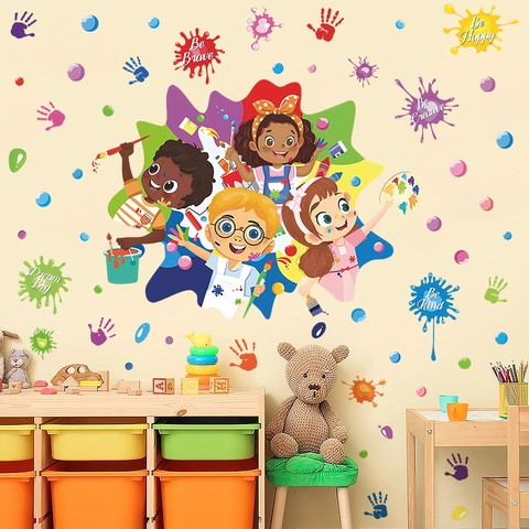 Cartoon Kids Painting Art Wall Stickers Multicolor PVC Ink Splashes Motivational Quotes Decals For Nursery Classroom Nursery Decor